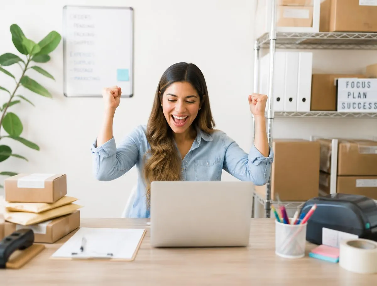Business owner celebrating a completed supplies order